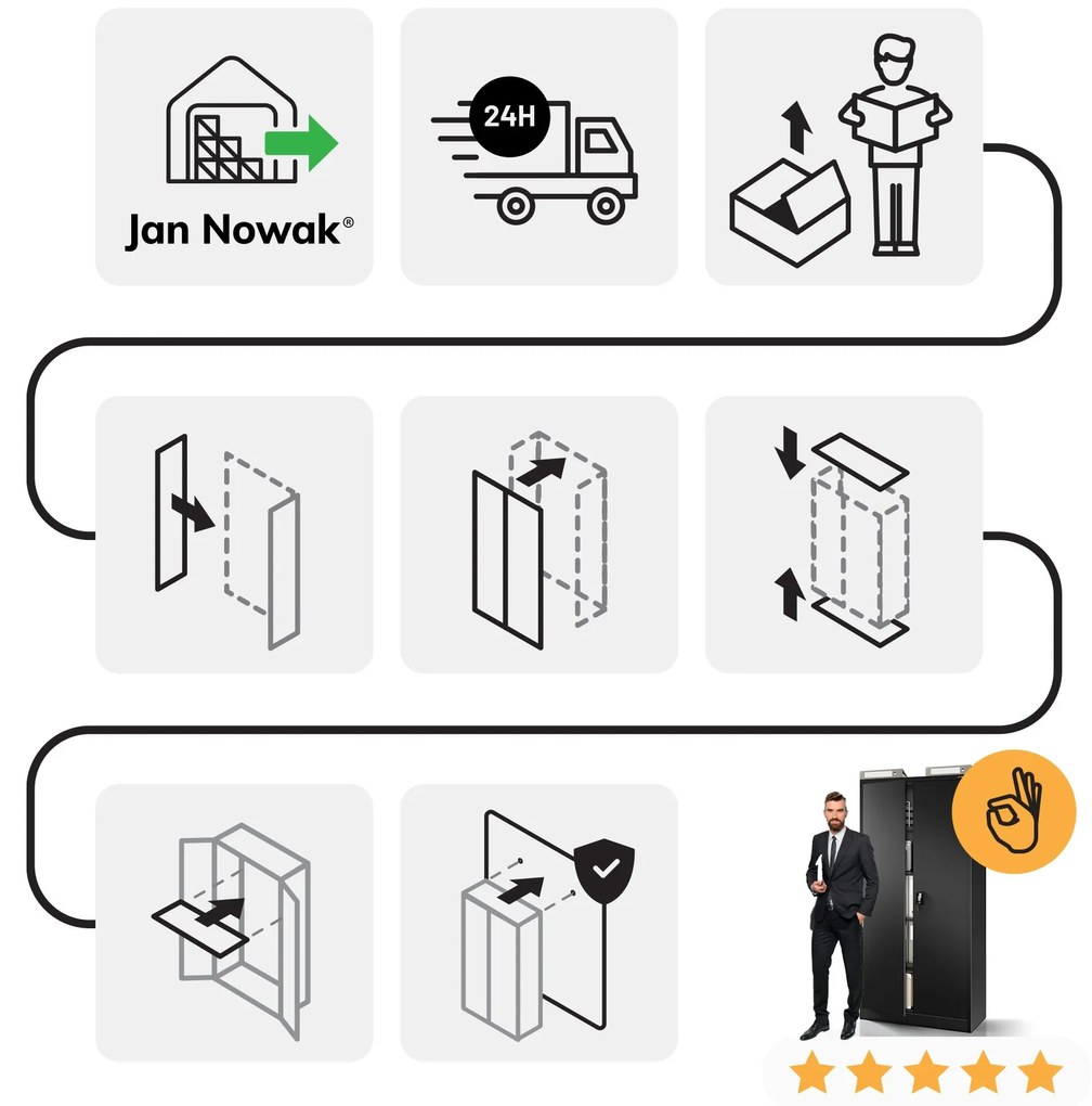 Szafa biurowa na dokumenty czarna: JAN, 900 x 1850 x 400 mm