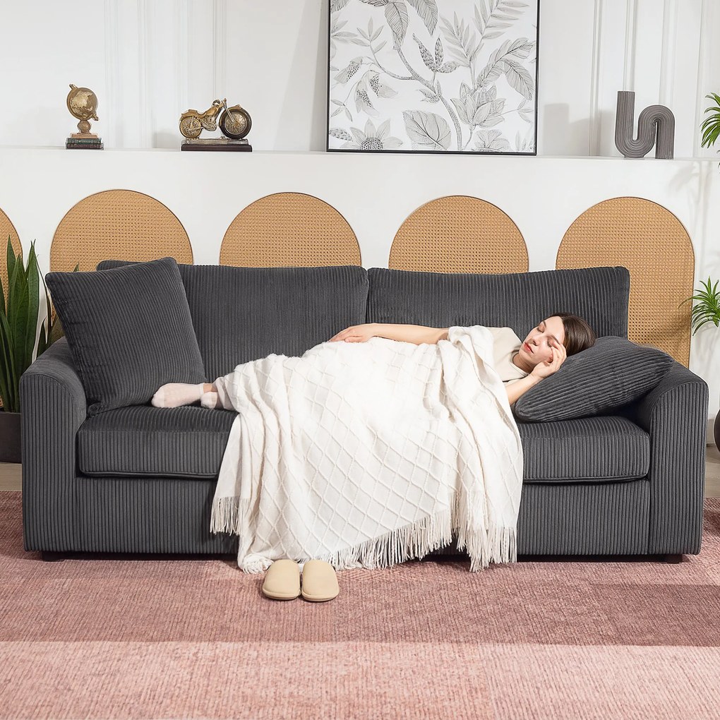 HOMCOM Sofa 3-osobowa z poduszkami ozdobnymi, sofa ze sztruksu do salonu, sypialni, szer. 212 cm, ciemnoszary | Aosom PL