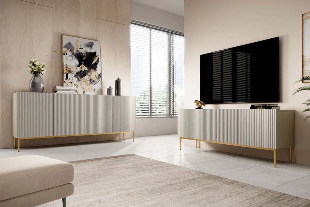 Komoda Nicole 200 cm na metalowych nogach - kaszmir / złote nóżki