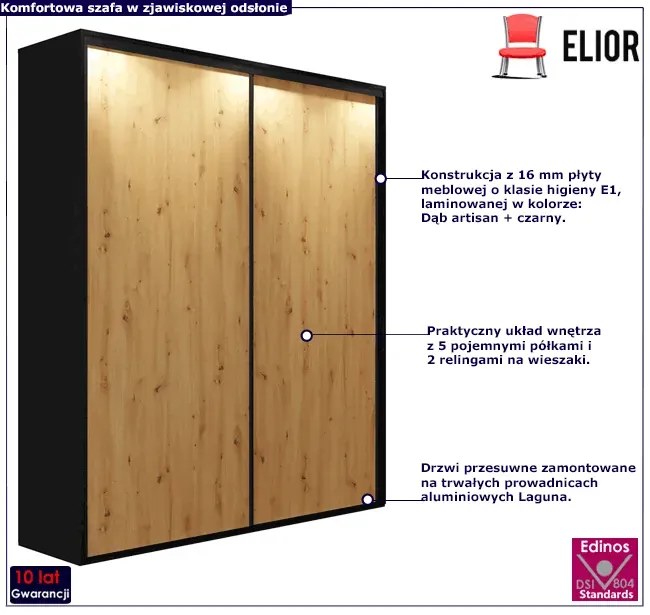 Szafa przesuwna 200 cm czarny + dąb artisan - Estori 2X