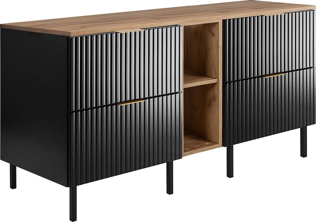 Szafka pod umywalkę, czarny/dąb Craft + złoty uchwyt, 140 (2 x 60 + 20) x 77 x 46 cm + blat, czarne nogi