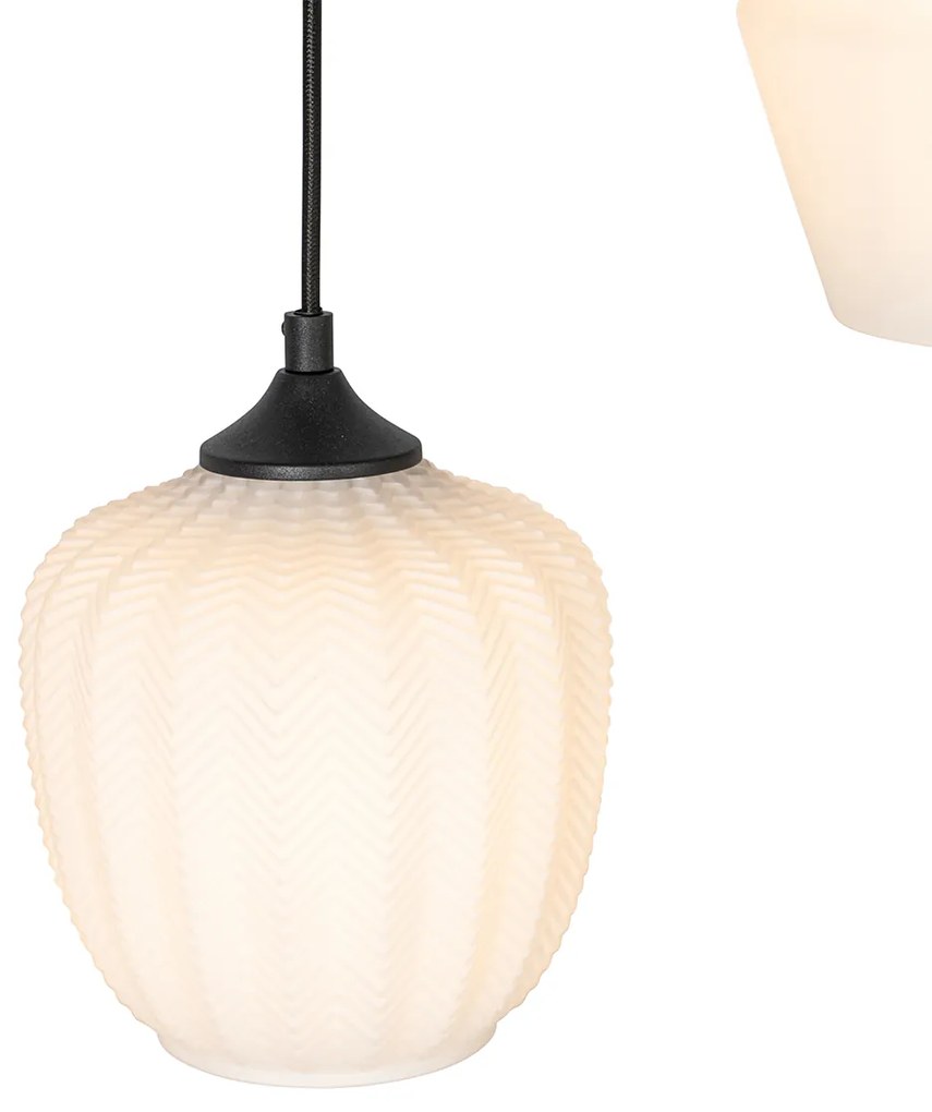 Lampa wisząca w stylu art deco czarna z opalowym szkłem 8-światłowa - Hanne ArtDeco Oswietlenie wewnetrzne