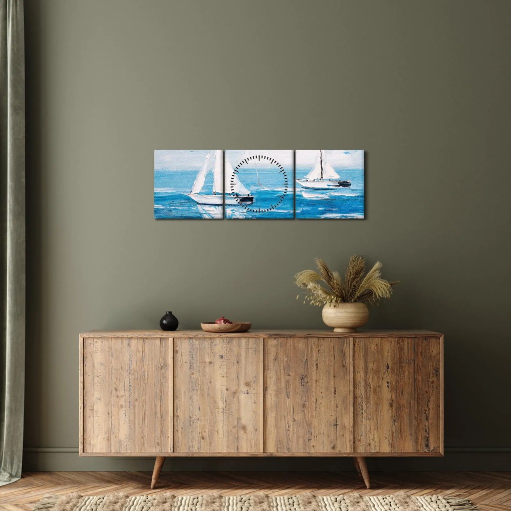Obraz - Obraz jachtów na morzu (z zegarem) (90x30 cm)