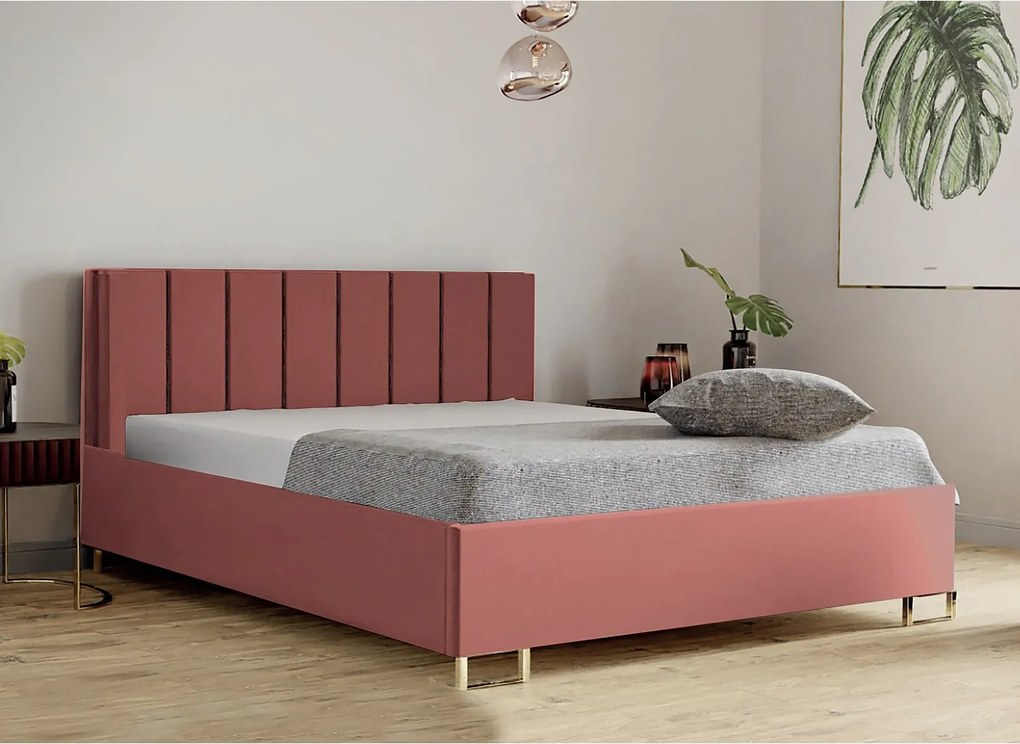 Łóżko tapicerowane MALIBU, wezgłowie, obicie MONOLITH, pojemnik na pościel, podnośnik gazowy, wysokość spania 39 cm, 120x200 cm, Różowy