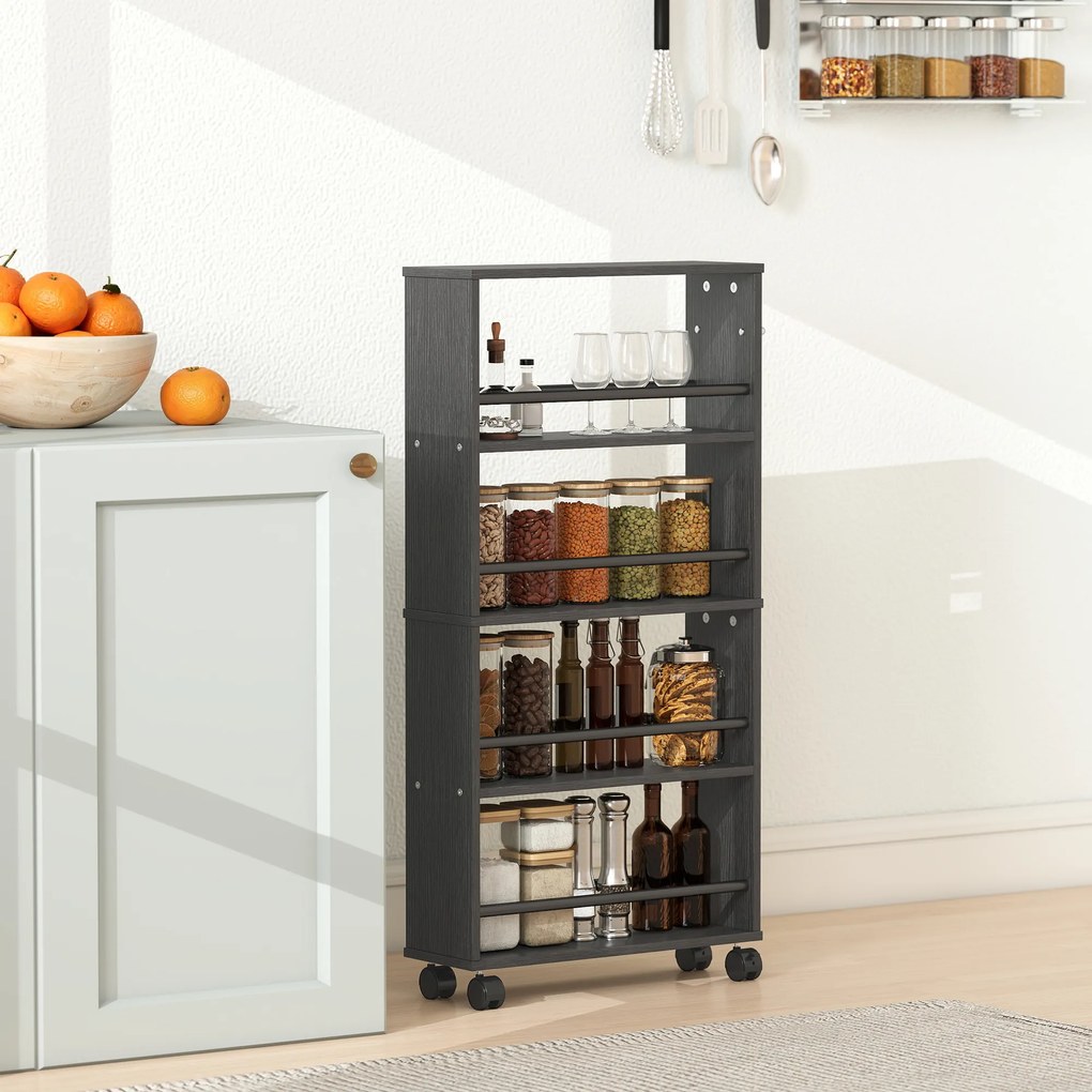 HOMCOM Półka wielofunkcyjna na kółkach, smukły design, 4 przegrody, 45x15x91 cm, czarny | Aosom PL