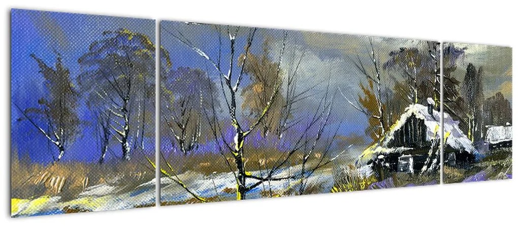 Obraz chaty w zimowym krajobrazie, obraz olejny (170x50 cm)