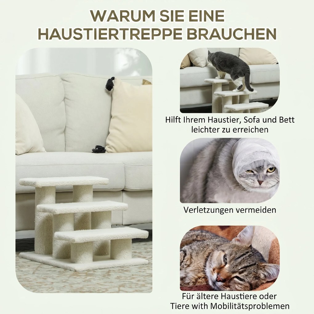 PawHut Schodki dla kota 3 stopnie Schodki dla zwierząt Schodki dla kota Schodki z pluszem 45 x 35 x 34 cm cm Beżowy | Aosom PL