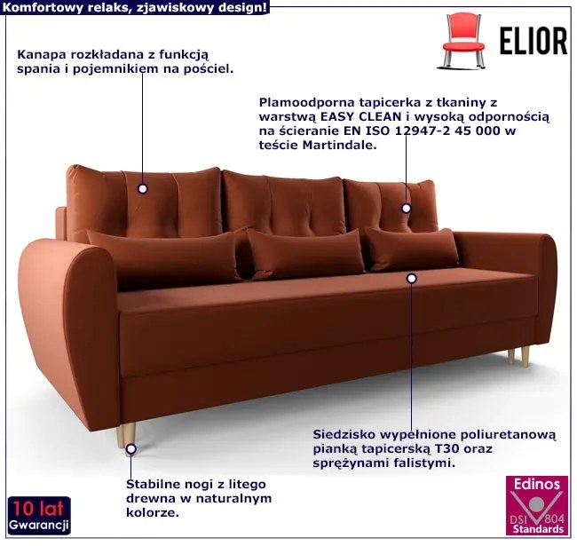 Pomarańczowa sofa rozkładana - Sinsiew 3X