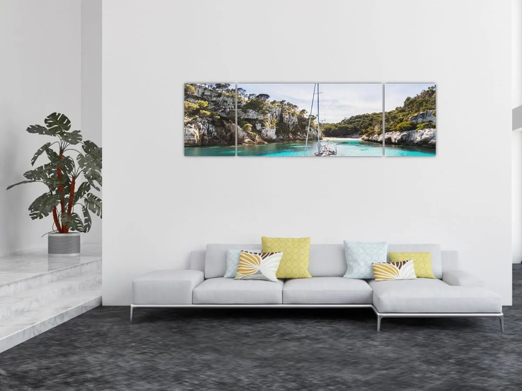 Obraz - Plaża z żaglówką (170x50 cm)