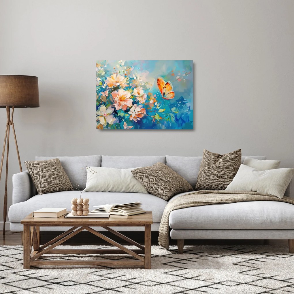 Obraz na szkle - Motyl i kwiaty, obraz olejny II. (70x50 cm)