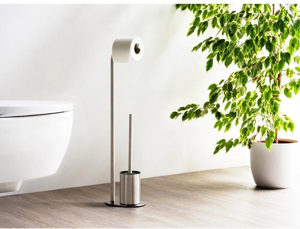 Stojak na papier toaletowy ze szczotką ze stali nierdzewnej w kolorze matowego srebra Levante – Wenko