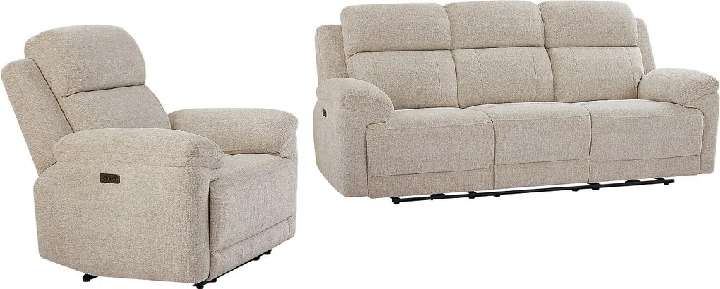 Kanapa 3-osobowa i fotel z elektryczną funkcją relax i beżową melanżową tapicerką - KELUNO