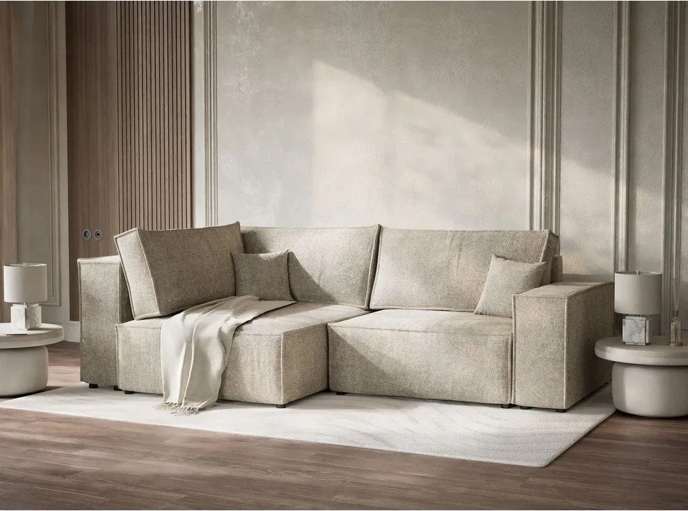 Beżowy rozkładany narożnik ze schowkiem z tkaniny szenilowej (lewostronny/w kształcie litery L) Tonga – Maison de Rêve