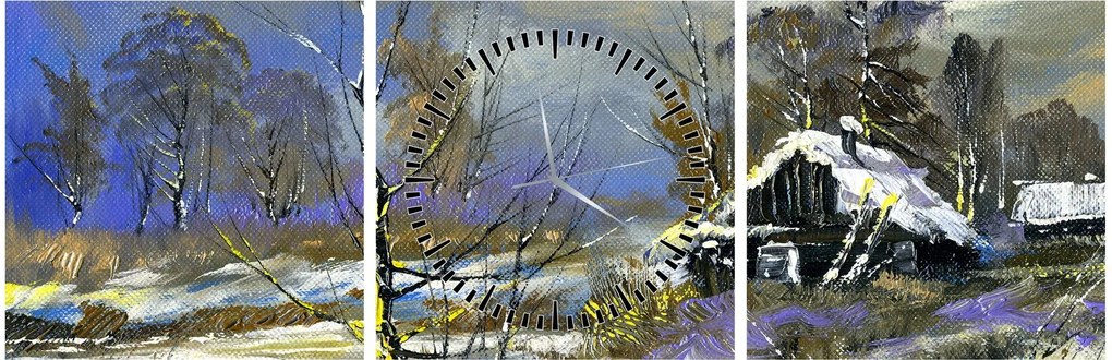 Obraz chaty w zimowym krajobrazie, obraz olejny (z zegarem) (90x30 cm)