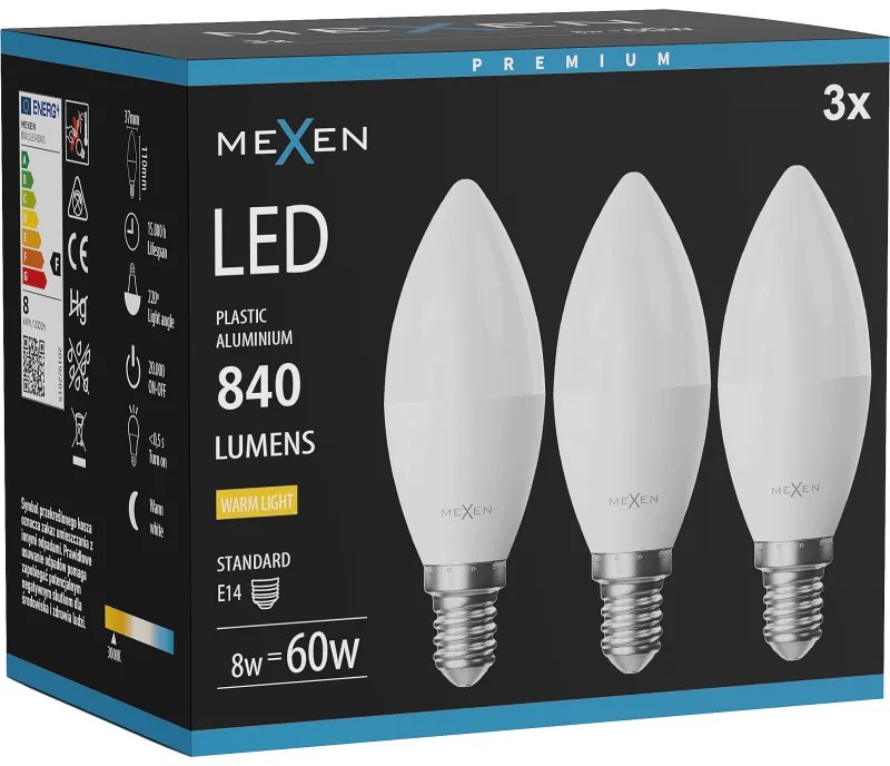 Mexen Nova 3x żarówka LED E14, C37, 8W, Ciepła - 3000K, 840 lm - L102-E14-0830-01x03