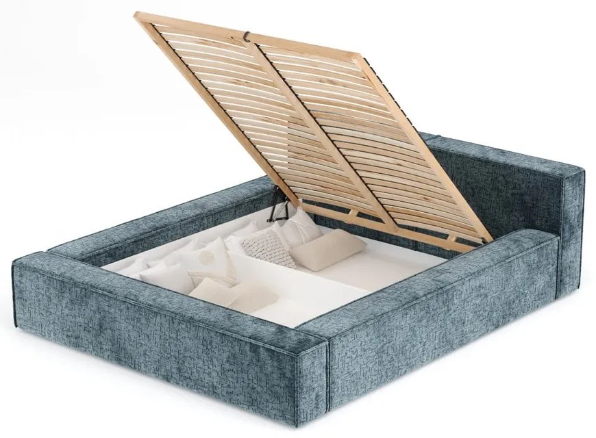 Szaroniebieskie tapicerowane łóżko dwuosobowe ze schowkiem i stelażem 140x200 cm Voliera – Maison de Rêve