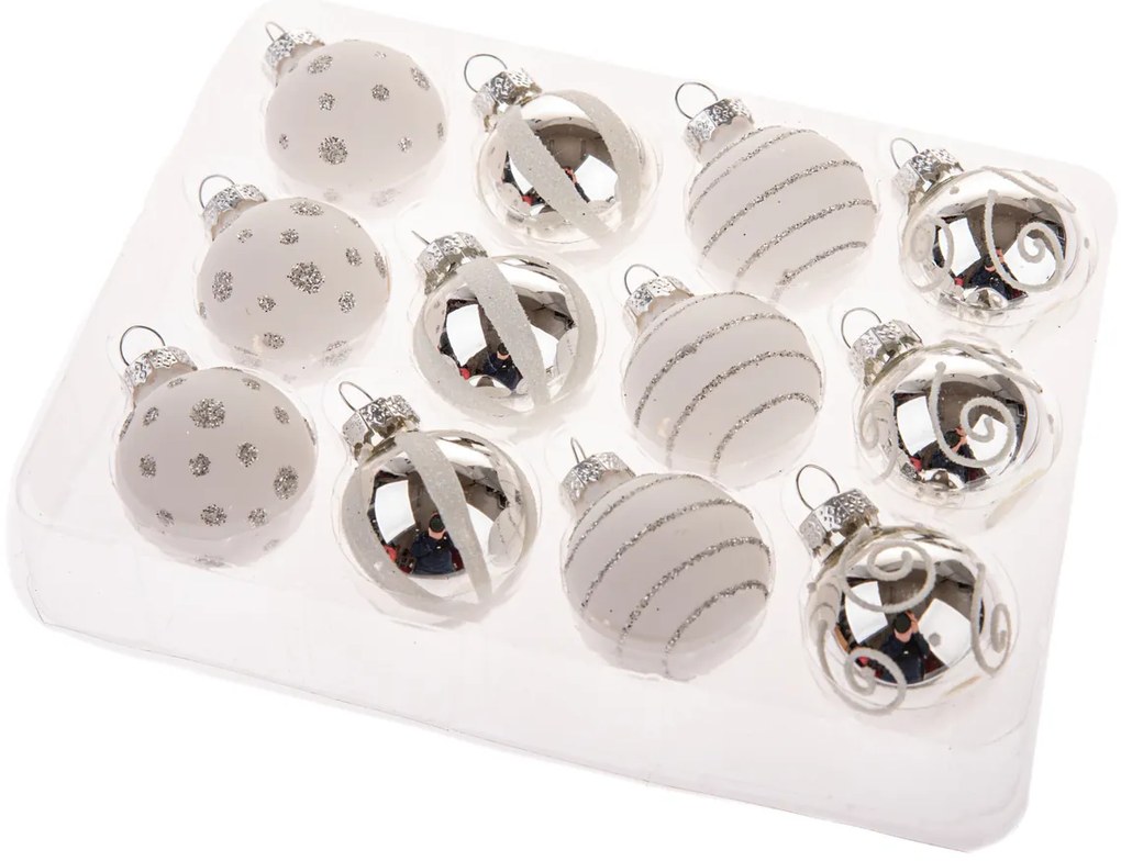 Zestaw szklanych ozdób Glimmer Collection, srebrno-biały, 12 szt., śr. 3 cm