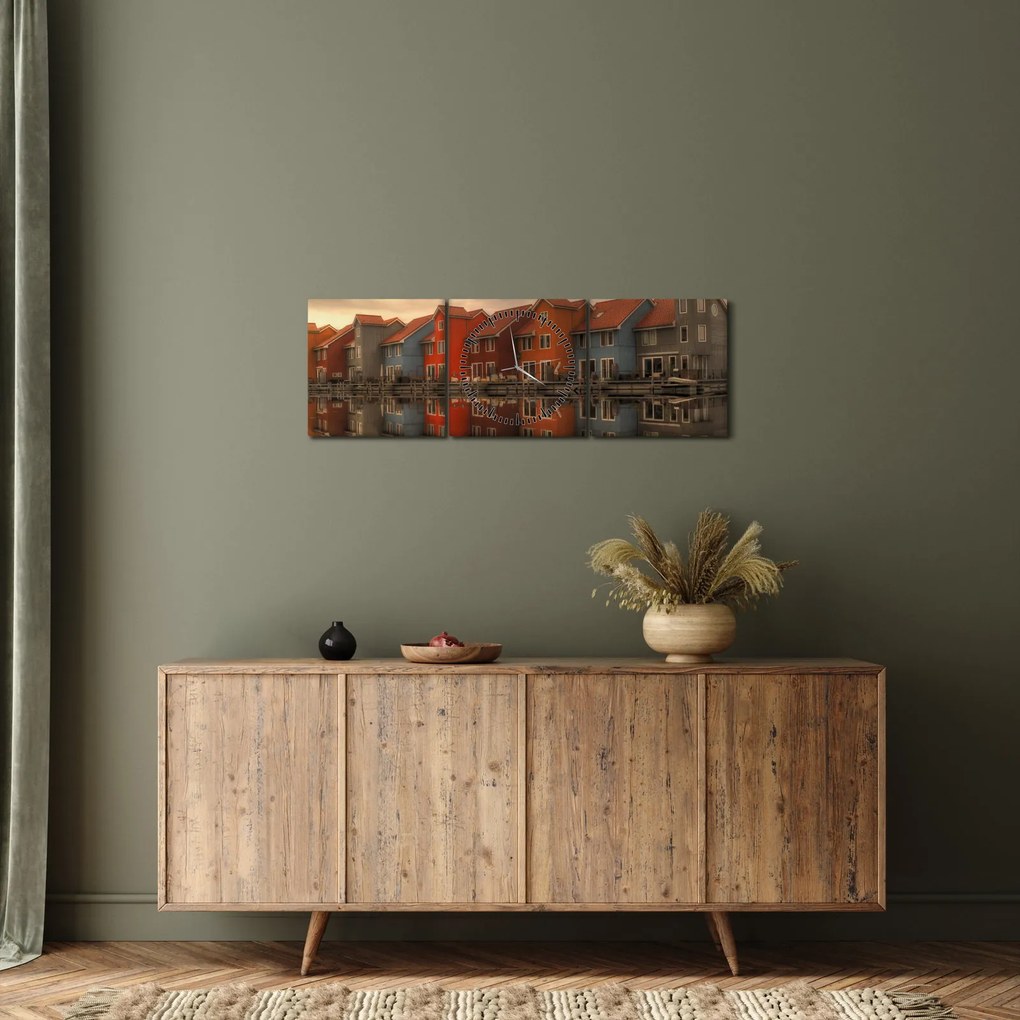 Obraz kolorowych domów (z zegarem) (90x30 cm)