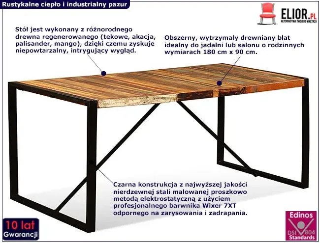 Industrialny stół Antors 2R 180 cm - drewno regenerowane