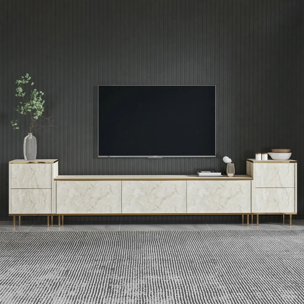 Stolik pod telewizor z szafkami Imej Travertine and Gold