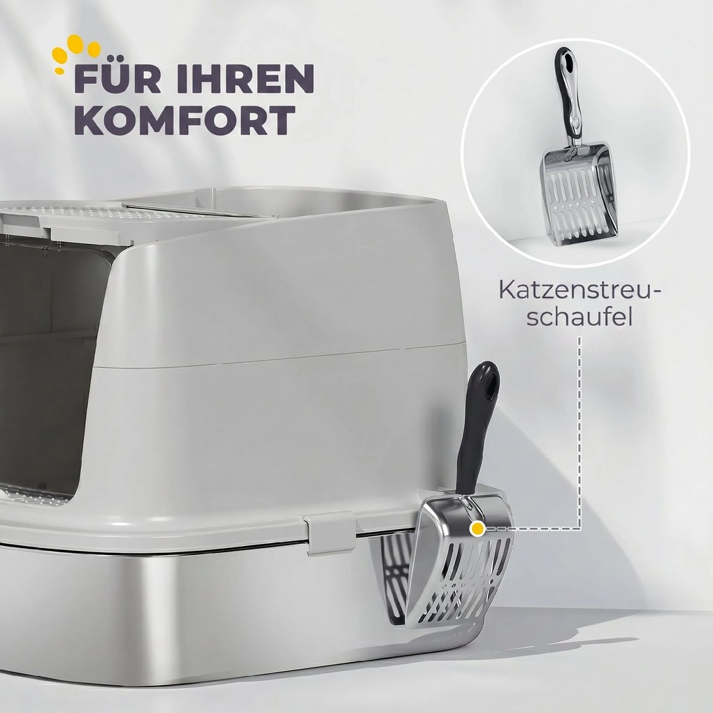 PawHut Kuweta ze stali nierdzewnej, zamknięta kuweta z łopatką, woreczek neutralizujący, wejście i wyjście | Aosom PL
