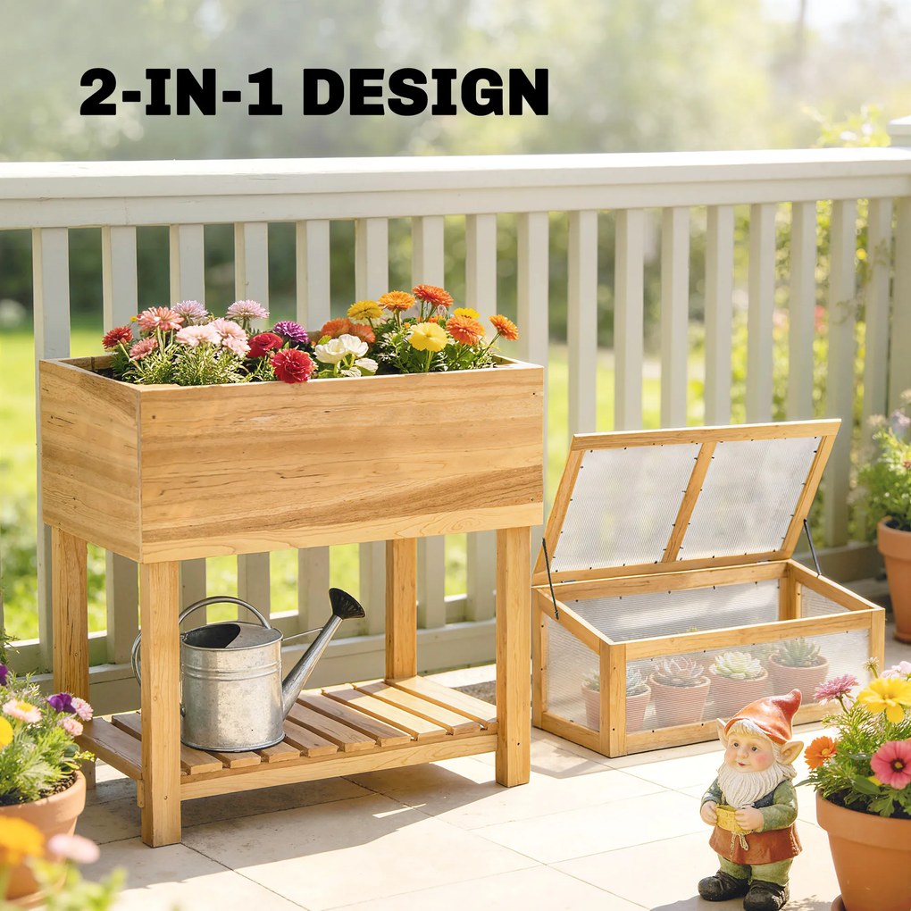 Outsunny Podwyższona grządka z inspektem z drewna, podwyższony doniczkowiec z otwieraną pokrywą, półką, włókniną, ergonomiczny | Aosom PL