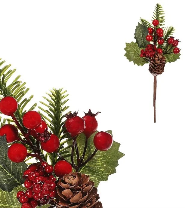 Zestaw gałązek z szyszkami i jagodami, 3 szt., czerwony, 24 cm