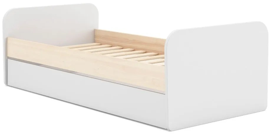 Białe łóżko dziecięce w dekorze sosny z wysuwanym łóżkiem i schowkiem 90x200 cm Esteban – Marckeric