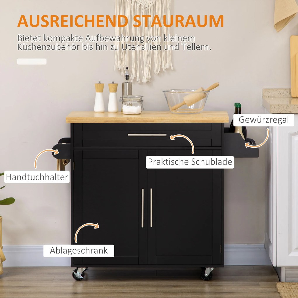 HOMCOM Wózek kuchenny serwisowy Wyspa kuchenna, 1 półka na przyprawy, 1 uchwyt na ręcznik, 109 cm x 40 cm x 89 cm, Czarny