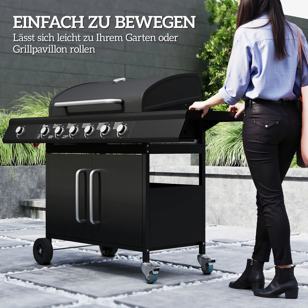 Outsunny Grill Gazowy na Kółkach z Przeszklonym Magazynkiem, Boczny Stół, Boczny Palnik, Półka Grzewcza, Termometr, Stal Nierdzewna, Czarny
