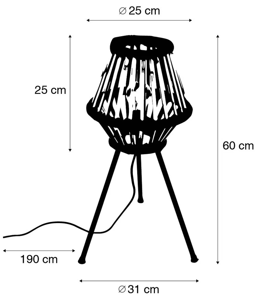 Rustykalna lampa stołowa na trójnogu z bambusa z czarnym wykończeniem - EvalinKolonialny Oswietlenie wewnetrzne