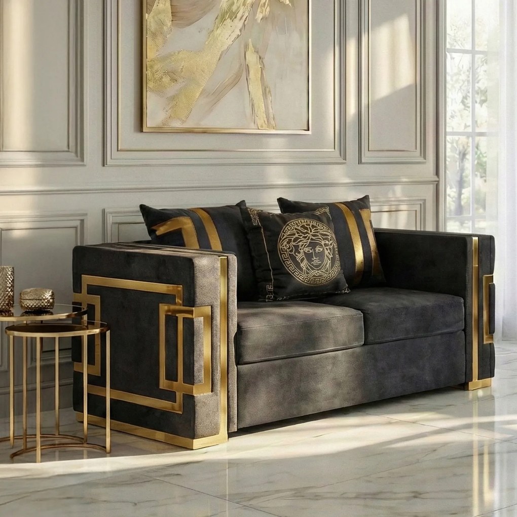 Sofa PALLAZO 2S Dwuosobowa Czarno/Złota Welurowa Nowoczesna Glamour