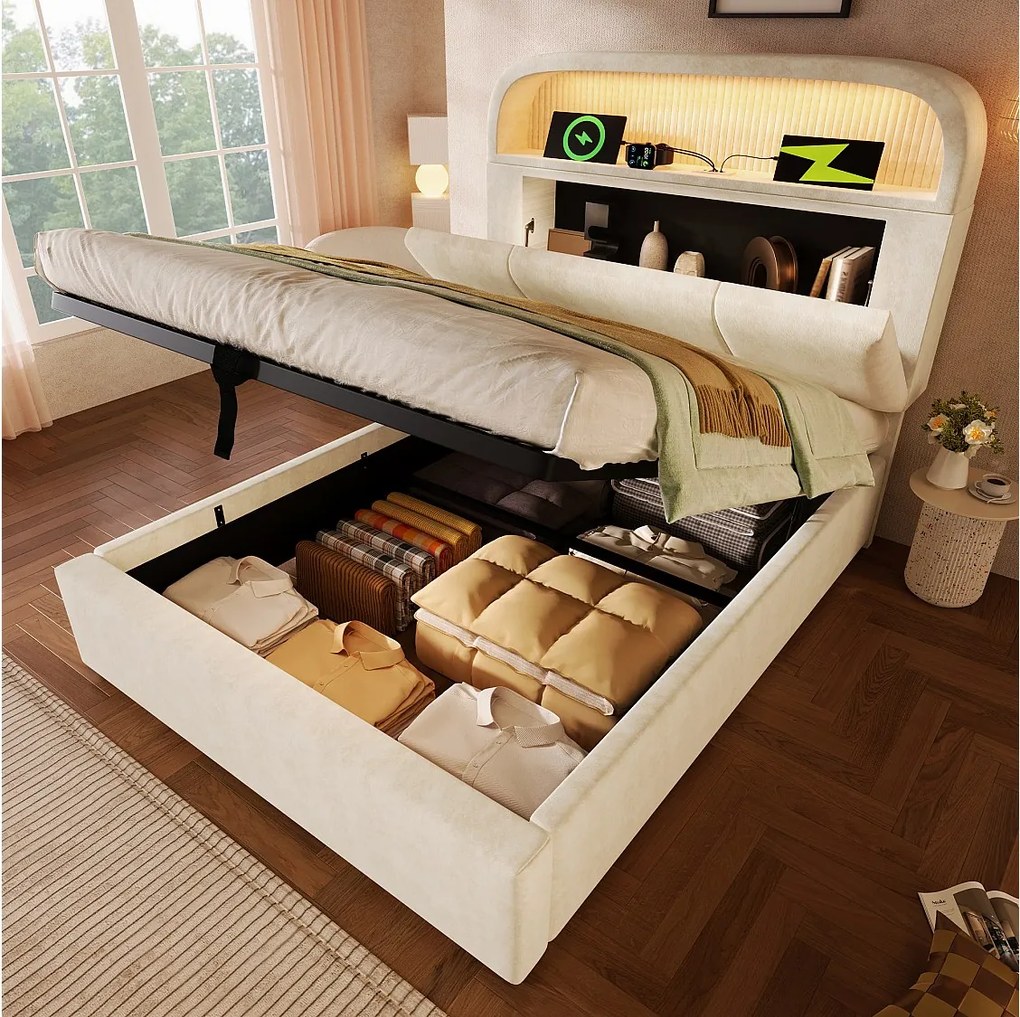 Łóżko z pojemnikiem 90 x 200 cm - łóżko pojedyncze z oświetleniem LED i miejscem do przechowywania - beżowy aksamit - materac nie jest wliczony w cenę