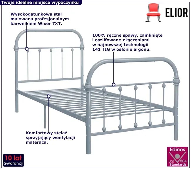 Szare metalowe łózko w stylu loft 100x200 cm - Etiosa