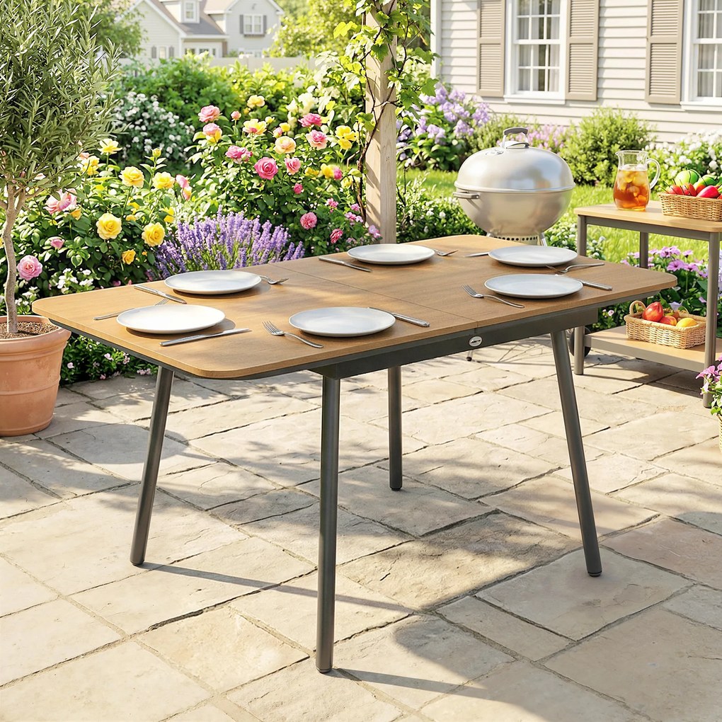 Outsunny Stół Ogrodowy 140 x 80 cm dla 6 Osób, Odporność na Warunki Atmosferyczne, Blat WPC, Regulowane Nóżki, Teak | Aosom PL