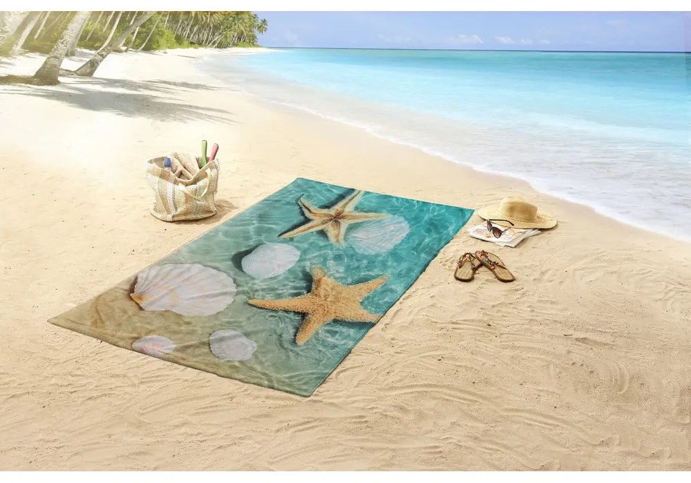 Niebiesko-beżowy aksamitny ręcznik plażowy 100x180 cm Beachvibe – Good Morning
