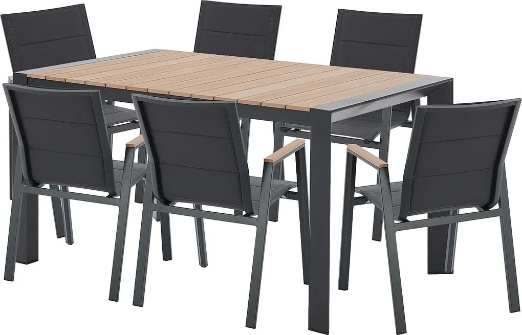 Zestaw ogrodowy z aluminium: stół dł. 150 cm i 6 krzeseł z podłokietnikami z możliwością sztaplowania  - Jasny naturalny i antracytowy - LIOUS od MYLIA
