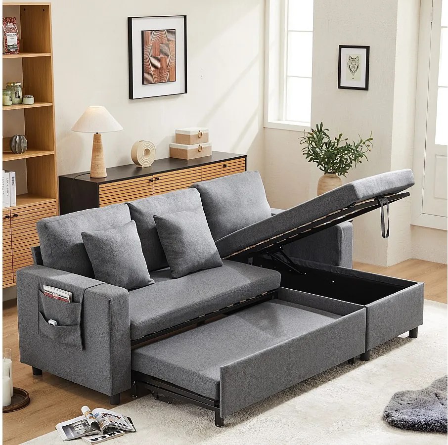 Sofa 3-osobowa, sofa rozkładana ze schowkiem i kieszeniami bocznymi, metalowa rama - ciemnoszary len