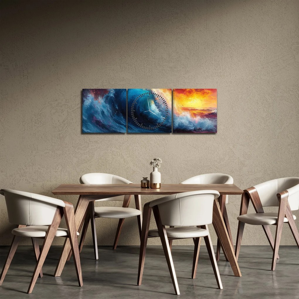 Obraz - Fala o zachodzie słońca (z zegarem) (90x30 cm)