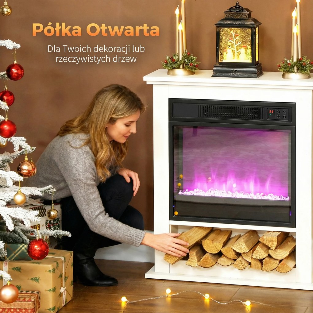 HOMCOM Kominek elektryczny, realistyczne płomienie w 9 kolorach, regulowana jasność, 1800W, pilot, timer, Biały