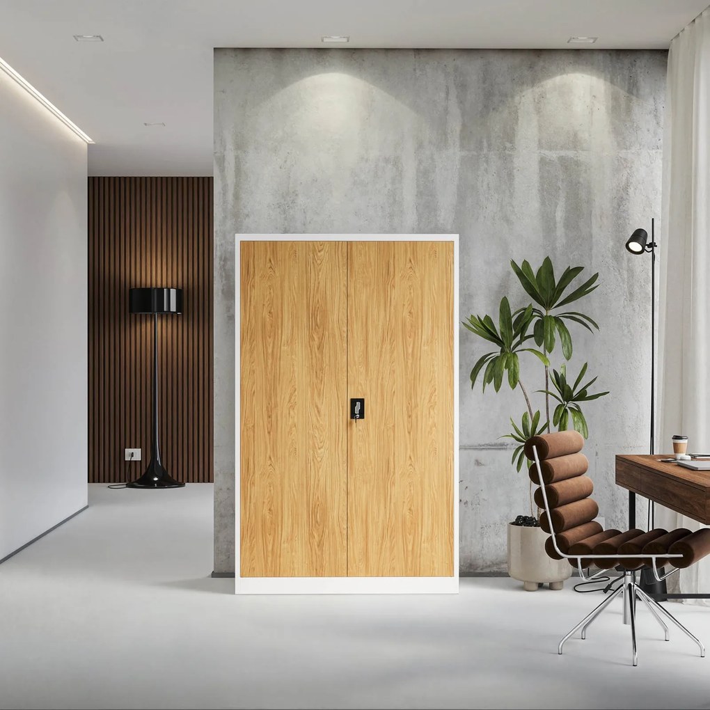 Szafa biurowa na akta szeroka Eco Design Jan II 115x40x185 cm, biały/dąb złoty