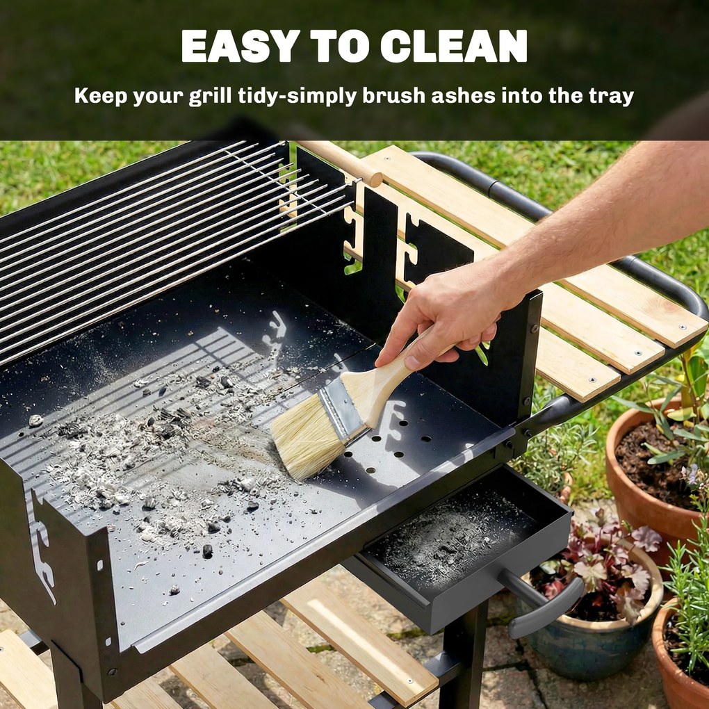 Outsunny Grill na węgiel drzewny z 4-stopniową regulacją wysokości rusztu, 2 drewniane półki, 2 kółka, tacka na popiół, 99,5 x 58 x 82 cm | Aosom PL