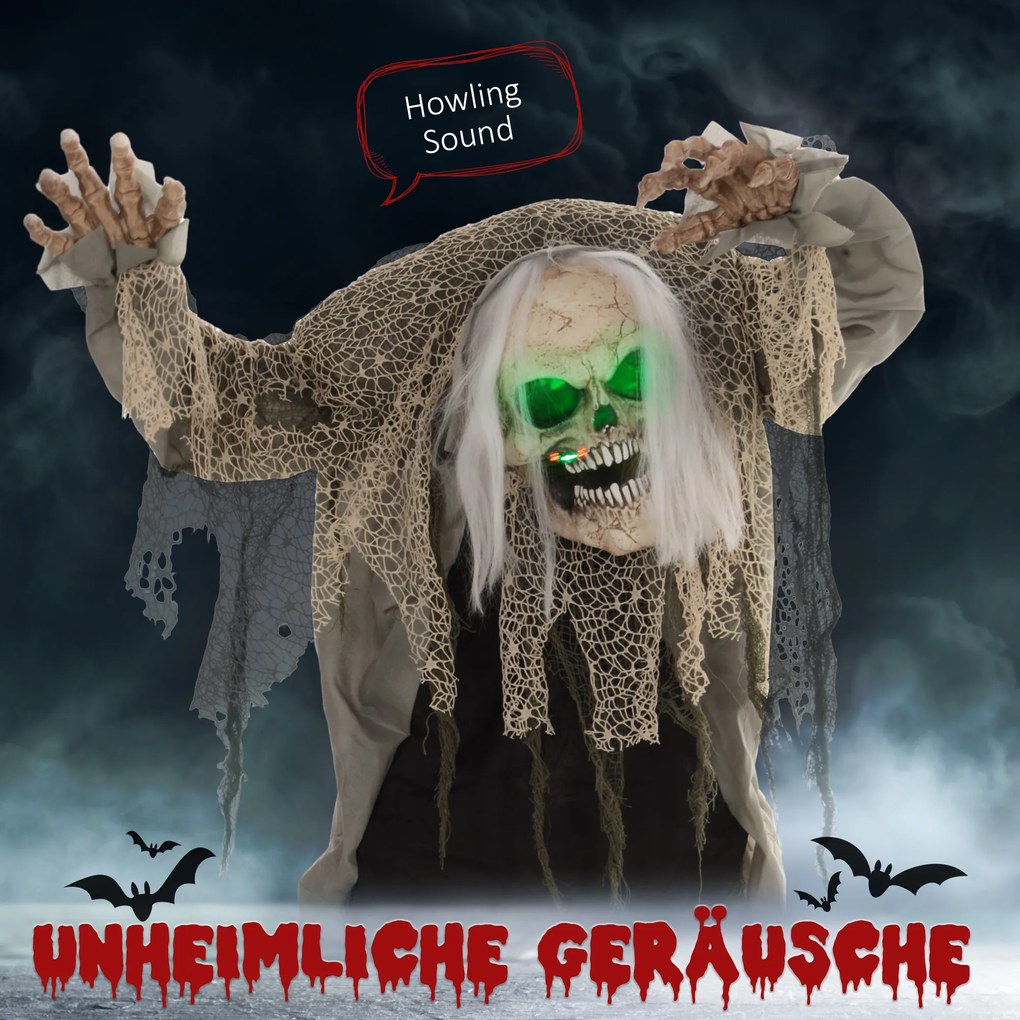 HOMCOM Duch-szkielet na Halloween, przerażający wył, zielone światło, ruchome ramiona, 160 cm