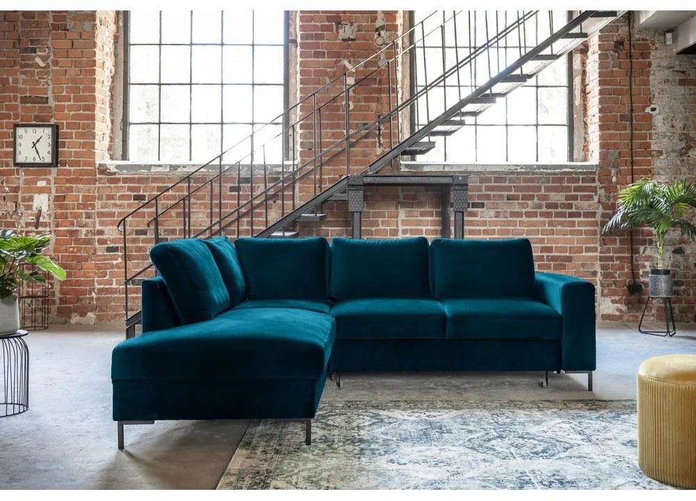 Turkusowy aksamitny rozkładany narożnik (lewostronny) Lofty Lilly – Miuform