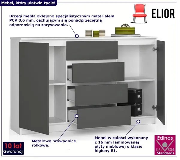 Długa komoda z gładkim frontem biały + grafit Ektog