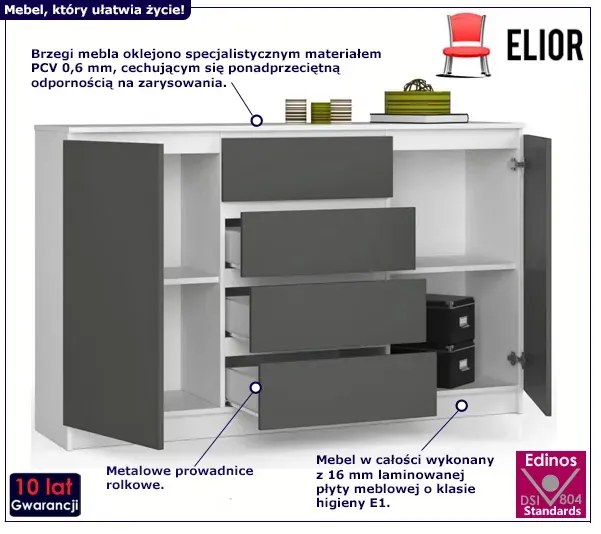 Długa komoda z gładkim frontem biały + grafit R3-W13