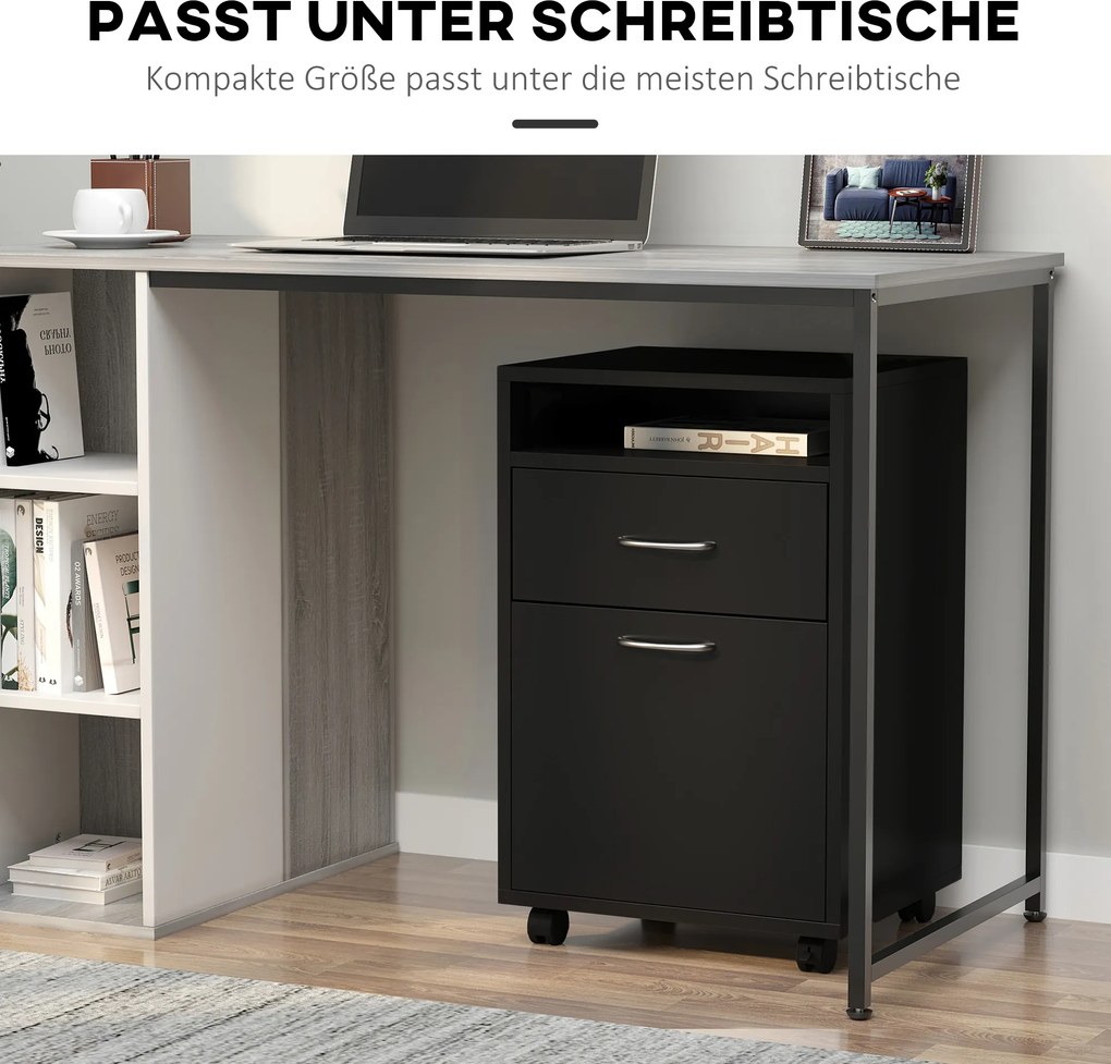 HOMCOM Kontener na kółkach z szufladami, 1 półka, 1 szuflada, 40 cm x 35 cm x 60 cm, Czarny