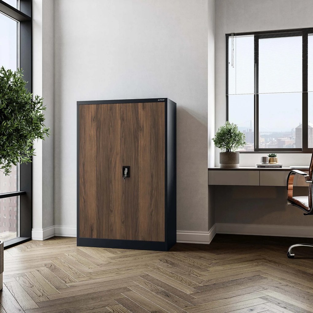 Szafa biurowa metalowa niska z 3 półkami antracytowa/orzech, 900x1400x400 mm: KEVIN Eco Design