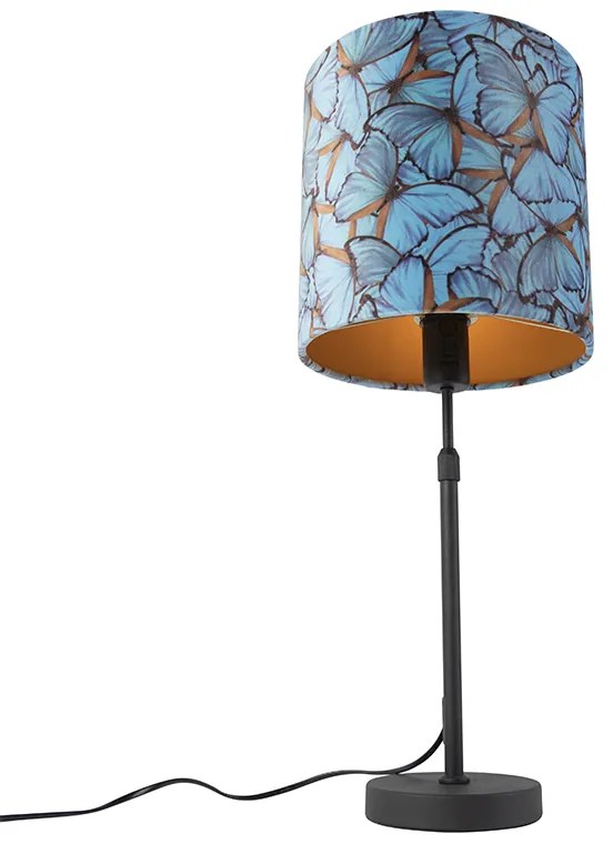 Lampa stołowa czarna z abażurem z weluru z motywem motyli w kolorze złotym 25 cm - Parte klasyczny/Antyczny Oswietlenie wewnetrzne
