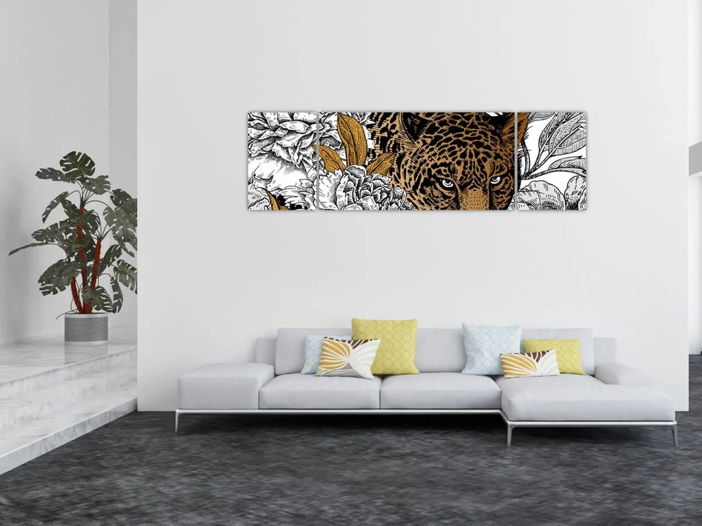 Obraz - Lampart pośród kwiatów (170x50 cm)